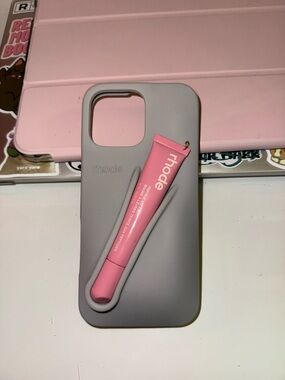 RHODE Pink Lip Balm Tube with Gray Silicone Phone Case